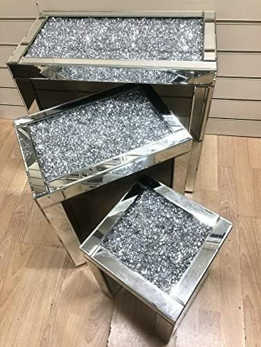 Crushed Diamond Coffee Table Nest Set Mirrored Silver Glass Wood Rectangular