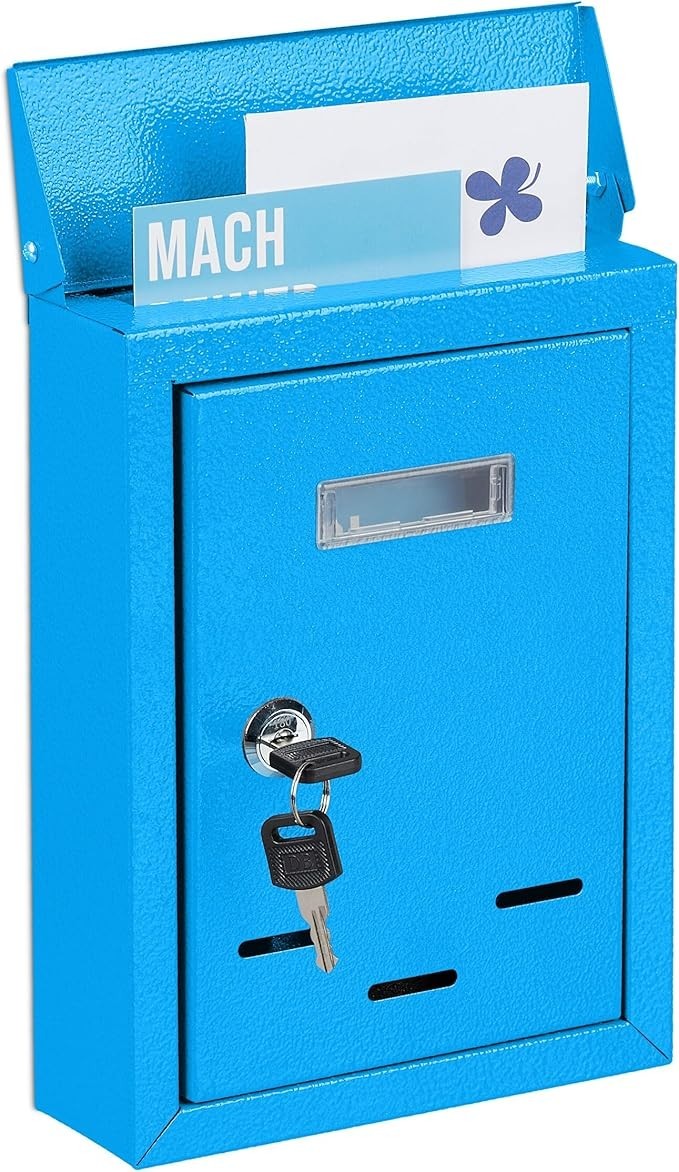 Wall Mounted Lockable Post Box with Keys – Compact Metal Mailbox Blue