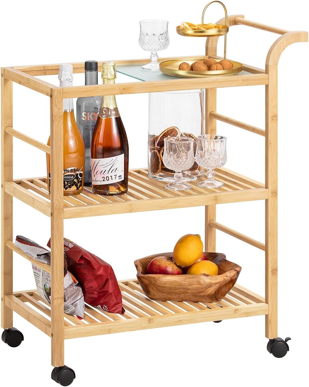 3 Tier Kitchen Trolley Cart Bamboo Storage Shelves Glass Top Wheels