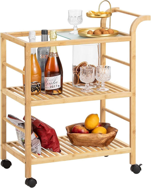 3 Tier Kitchen Trolley Cart Bamboo Storage Shelves Glass Top Wheels