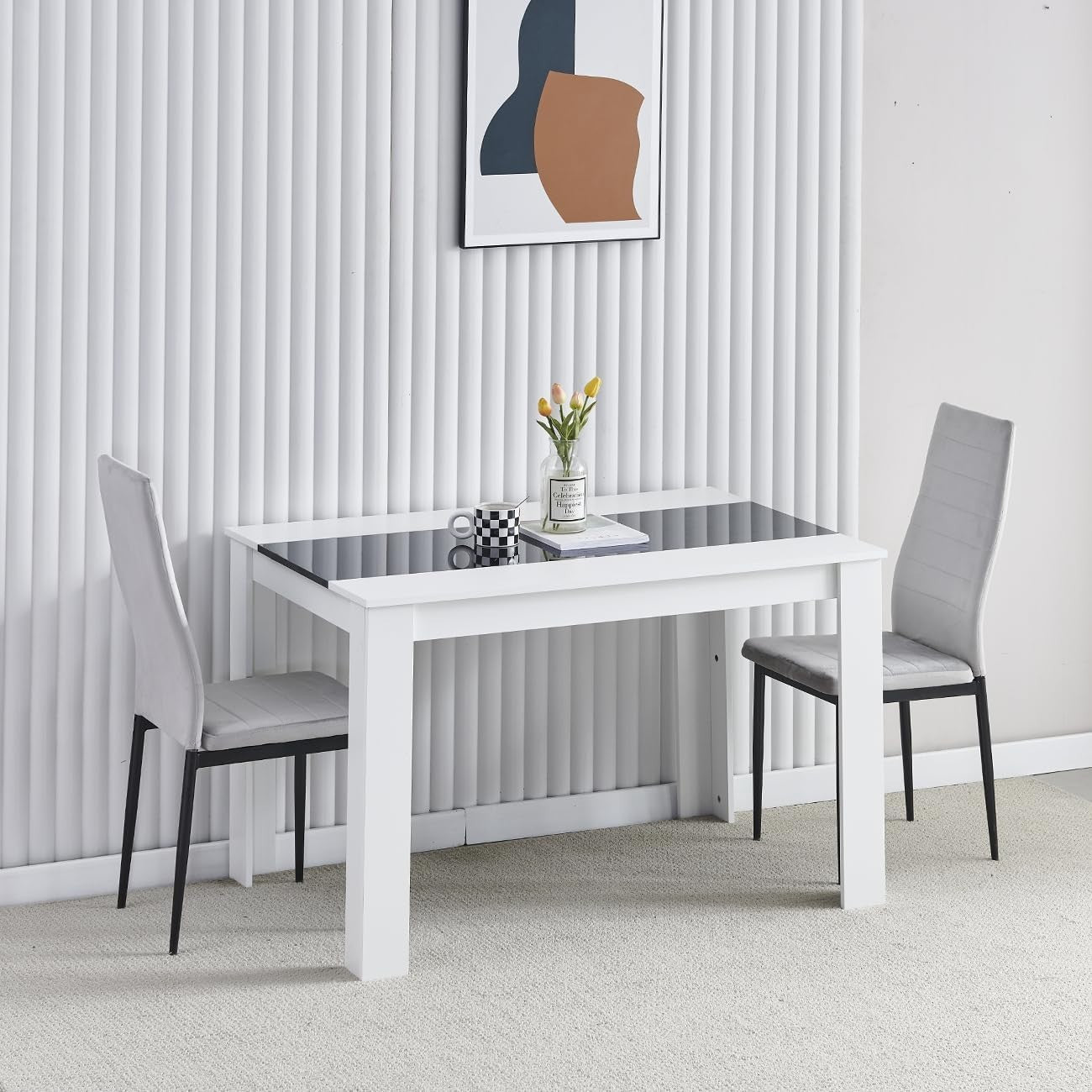 Modern White Dining Table & 4 Grey Chairs Set for Small Kitchen Room
