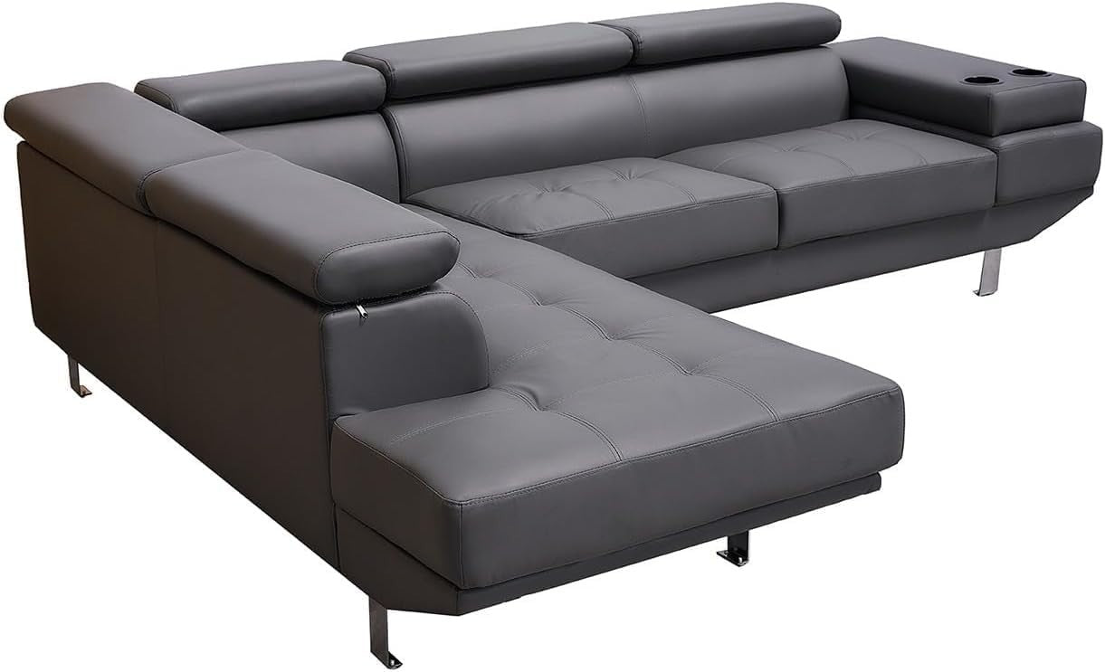 Grey Bonded Leather Corner Sofa LH | Adjustable Headrests + Cup Holders