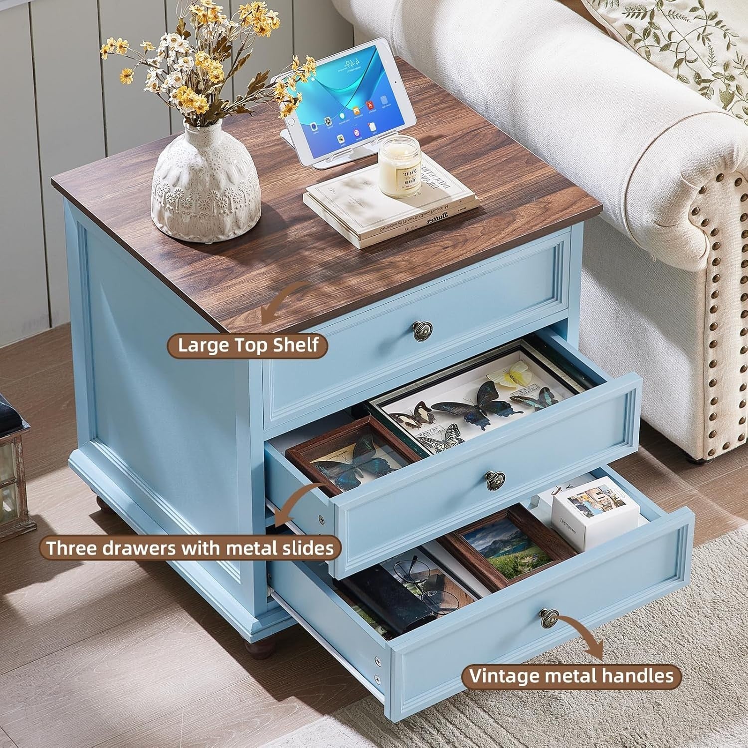 Light Blue Wooden Bedside Table with Drawers – Country Style Nightstand