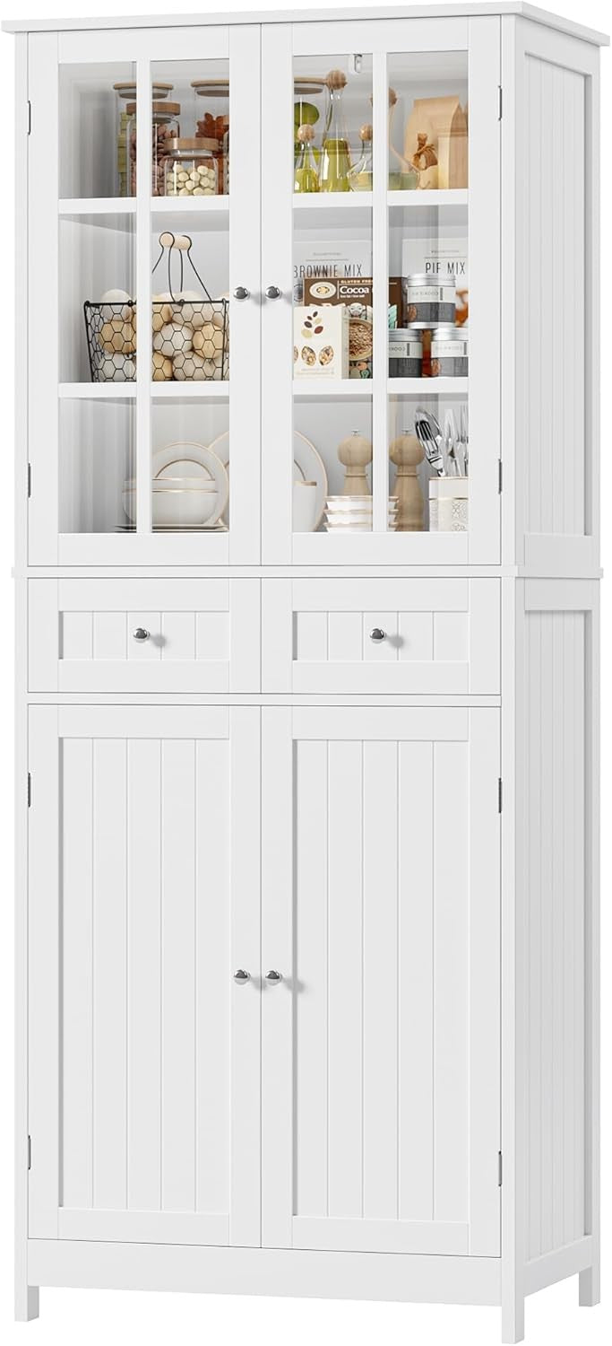White Freestanding Kitchen Storage Cabinet with Glass Doors & Drawers