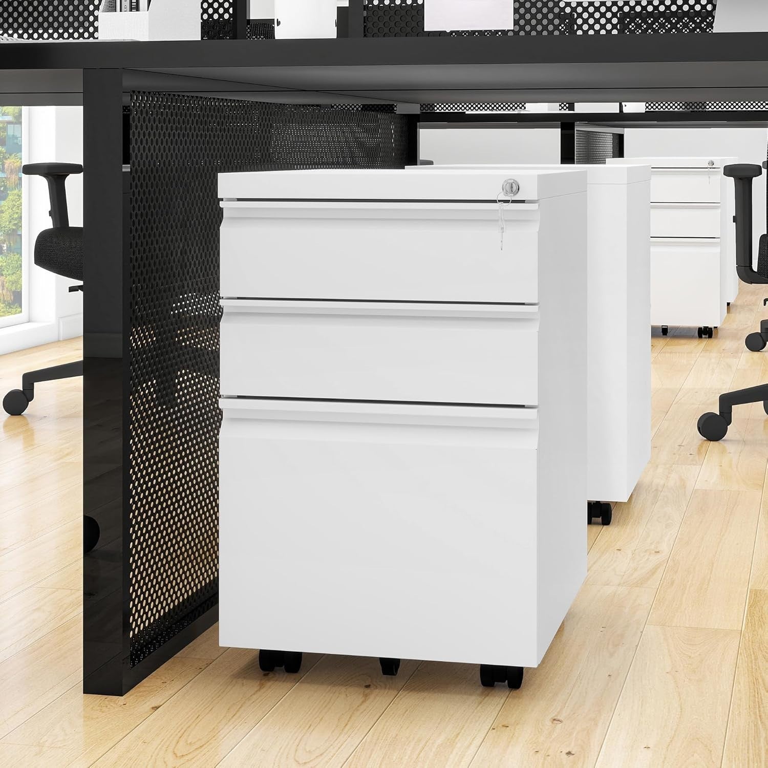 White Locking Metal File Cabinet 3 Drawer Rolling Under Desk Storage
