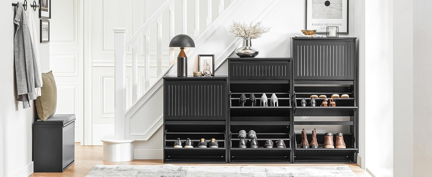 Slim Black Shoe Storage Cabinet 2 Flip + 1 Pull-Out Drawer, Space Saver