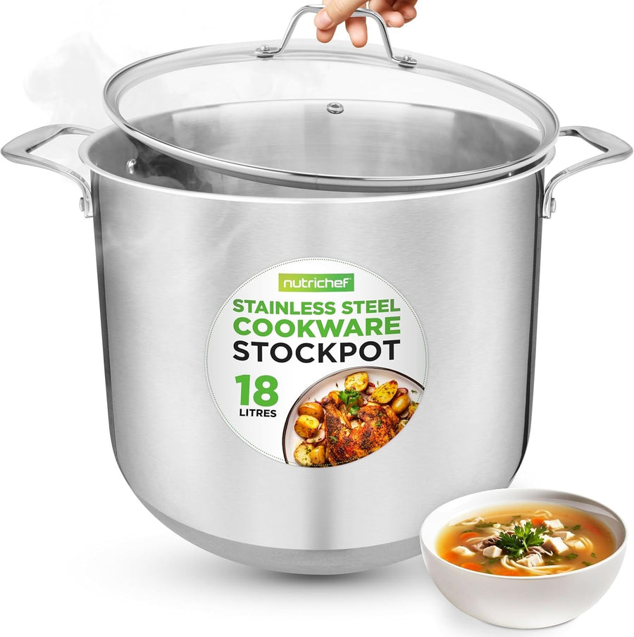 18 L Stainless Steel Stock Pot with Glass Lid Induction Ready Heavy Duty Soup