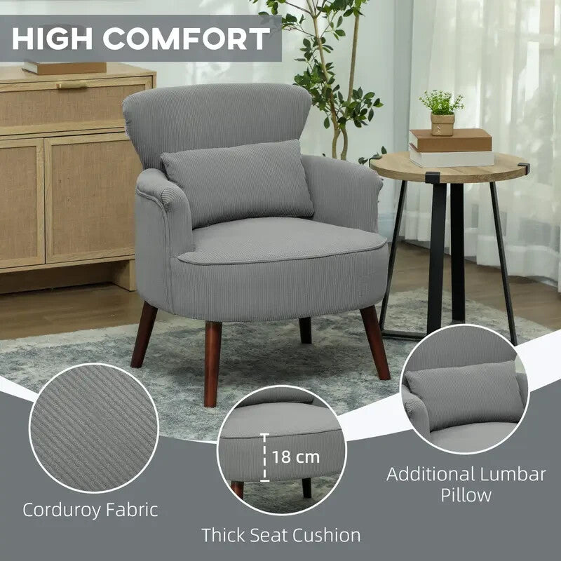 Modern Grey Corduroy Armchair Lounge Chair Padded Seat Wood Legs Sofa