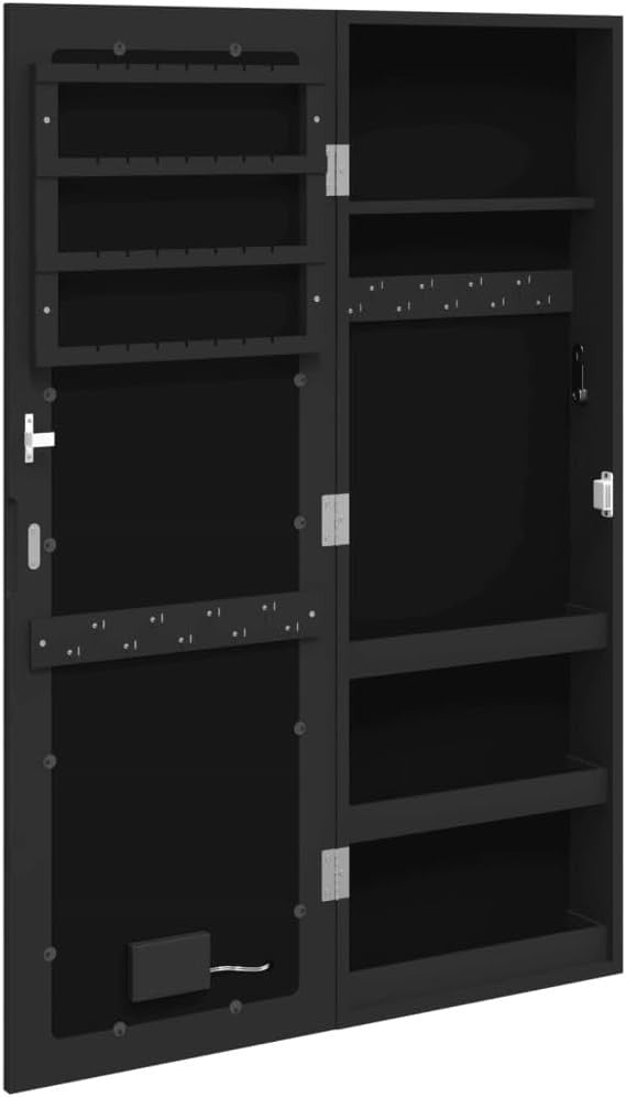 LED Wall Mounted Jewelry Cabinet Frameless Mirror Lockable Slim Black