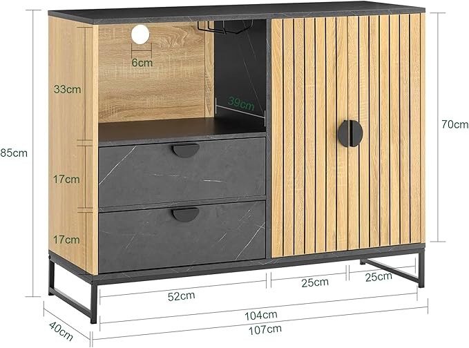 Modern Oak Black Sideboard Cabinet with Wine Rack & Storage 107x40x85cm