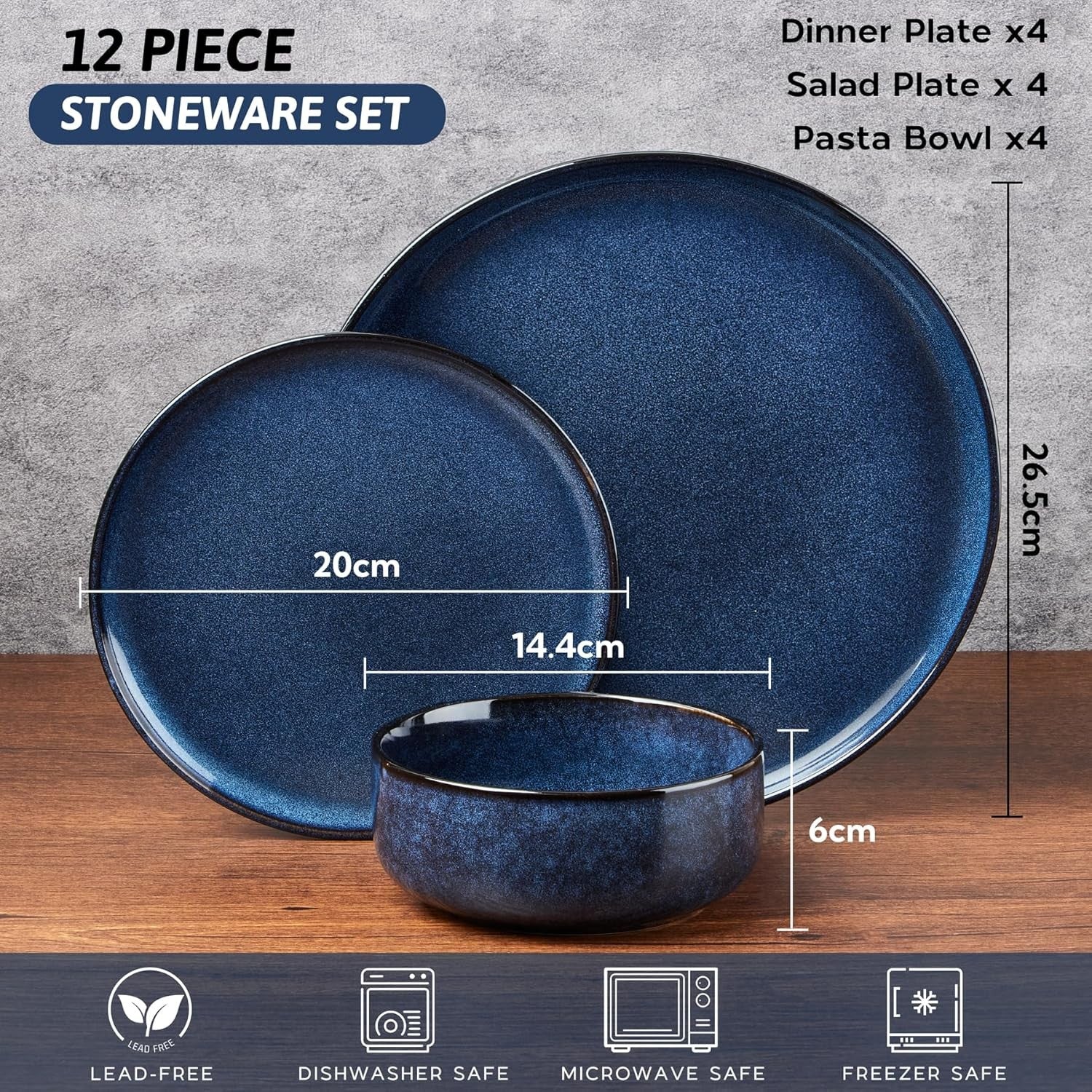 12 Piece Stoneware Dinner Set Plates Bowls Dishwasher Microwave Safe