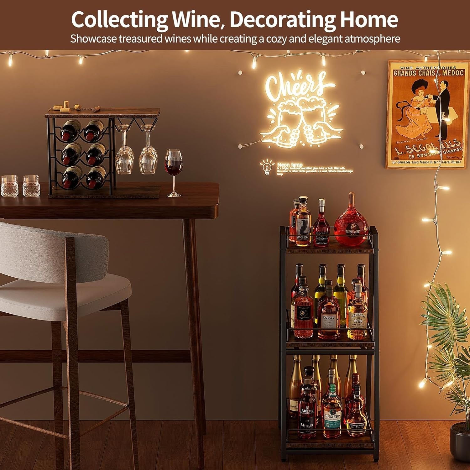3 Tier Liquor Bar Cabinet Stepped Wine Rack with Slide Shelves & Storage