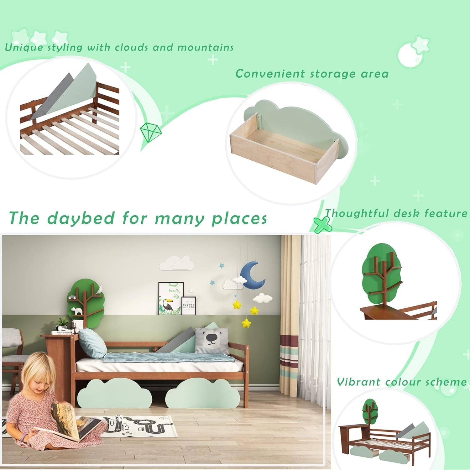 Kids Bed with Storage Drawers & Desk 3FT Toddler Tree Shelf 90x190cm