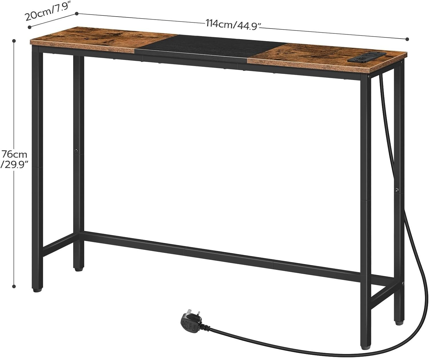 Slim Console Table with Charging Station | Power Outlet | Rustic Brown & Black