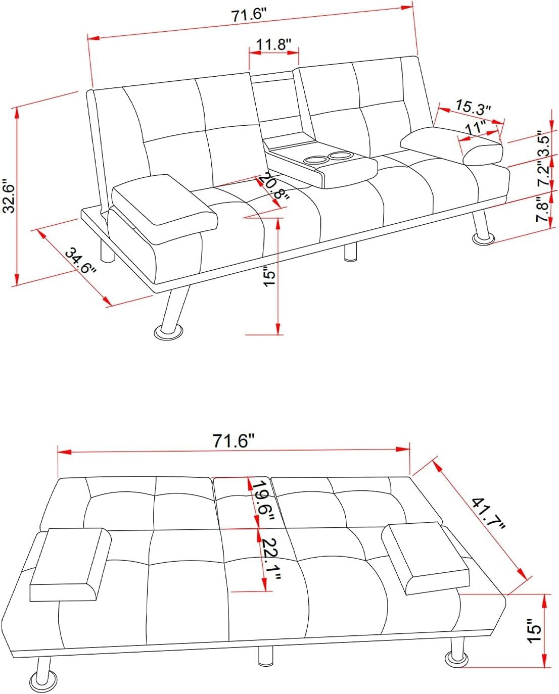Modern Grey Fabric Recliner Sofa Bed 2-Seater Cup Holder Sleeper Couch