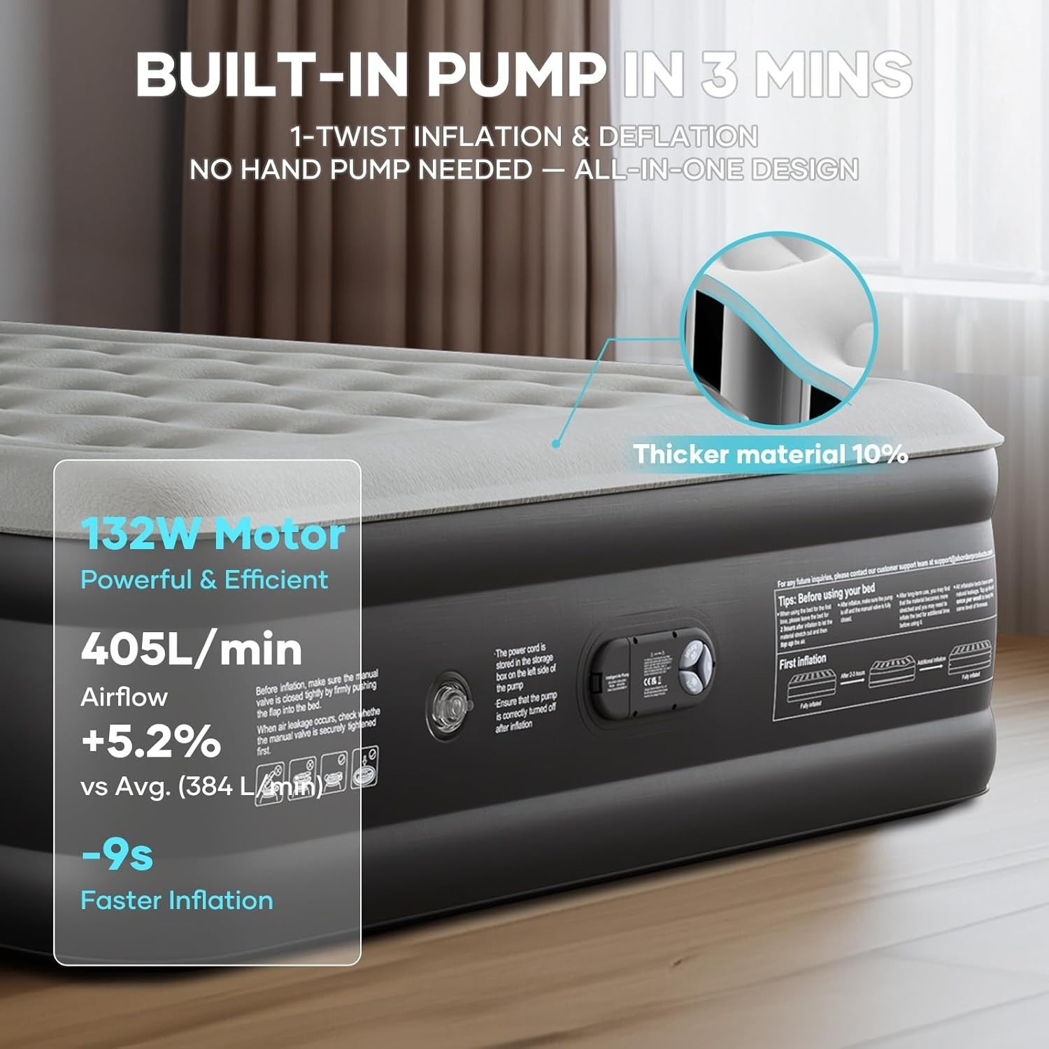 Luxury King Air Mattress Built-In Pump 46cm High Flocked Guest Bed