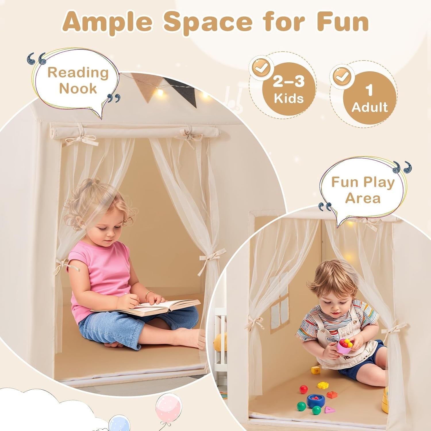 Kids Castle Playhouse Tent Indoor Outdoor w Lights Non Slip Mat Flags