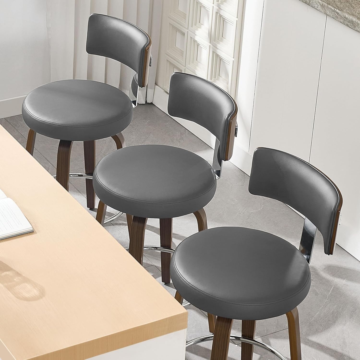 Gray Round PU Leather Swivel Bar Stools Set of 2 | Wooden Counter Chairs