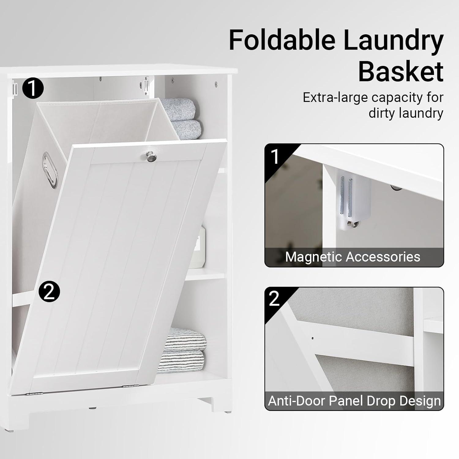 Slim Bathroom Laundry Cabinet with Flip Out Basket & Shelves White
