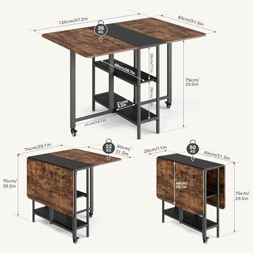 Rustic Brown Drop Leaf Folding Dining Table with Storage 120cm