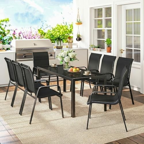 8 Seater Garden Dining Set Outdoor Patio Table with Stackable Chairs
