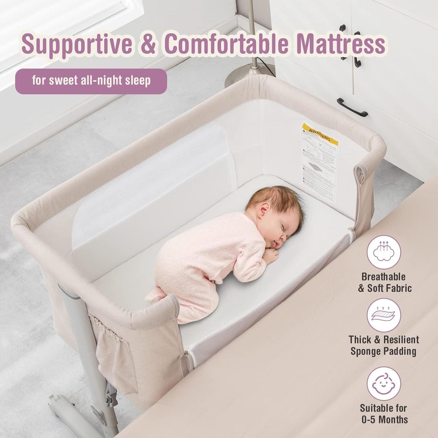 3in1 Baby Bassinet Bedside Crib Co-Sleeper Cot with Mattress & Wheels Beige
