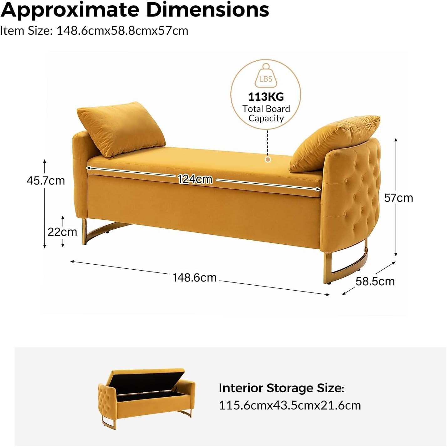 Yellow Storage Ottoman Bench with Pillows & Metal Legs - Bedroom End Seat