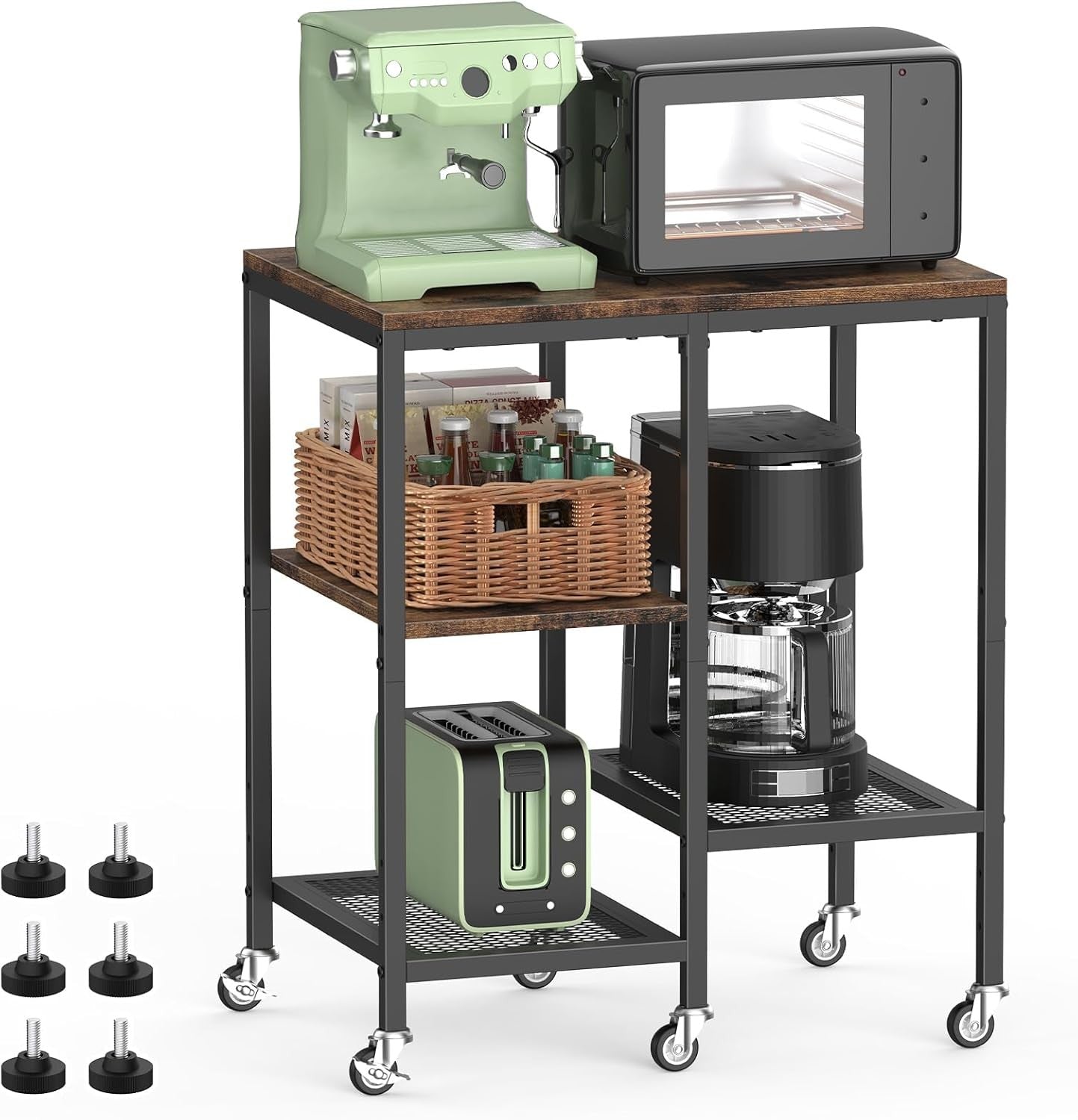 4 Tier Kitchen Storage Rack on Wheels Coffee Bar Baker’s Trolley Rustic
