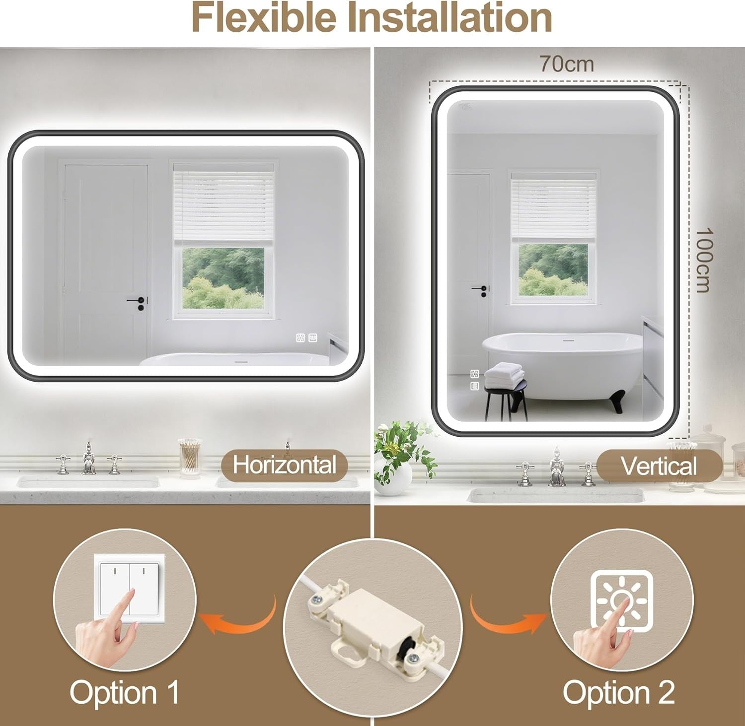 LED Bathroom Mirror 100x70cm Anti-Fog, Dimmable, Waterproof, Memory Function