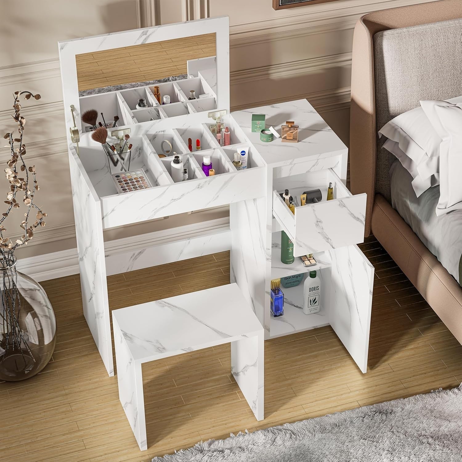 2-in-1 Vanity Dressing Table Desk Flip Mirror Stool Storage Drawer White Wood