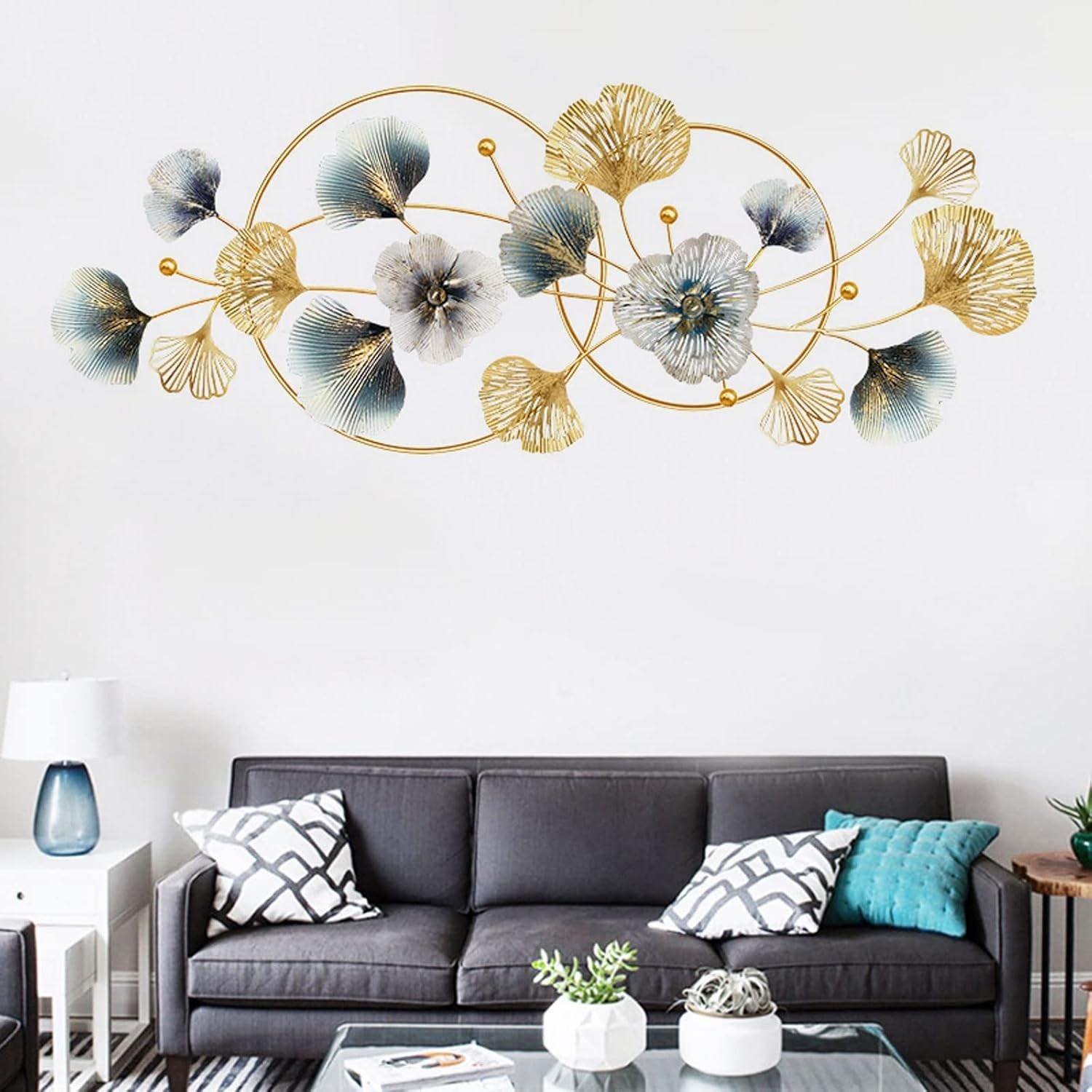 Large Gold Metal Wall Art 3D Ginkgo Leaf Sculpture Living Room Decor