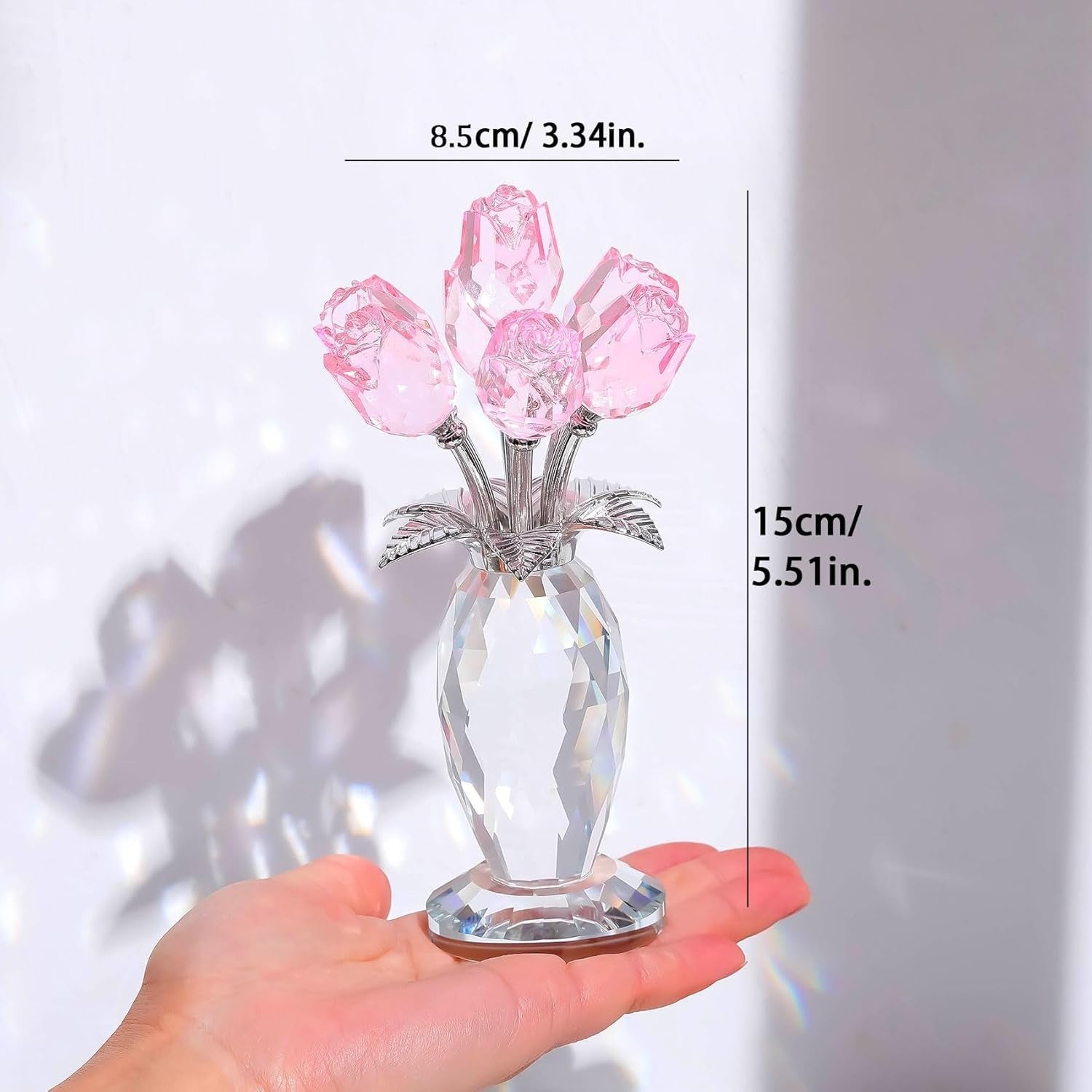 Pink Crystal Rose Bouquet Ornament Glass Flower Figurine Gift for Mum Wife Decor