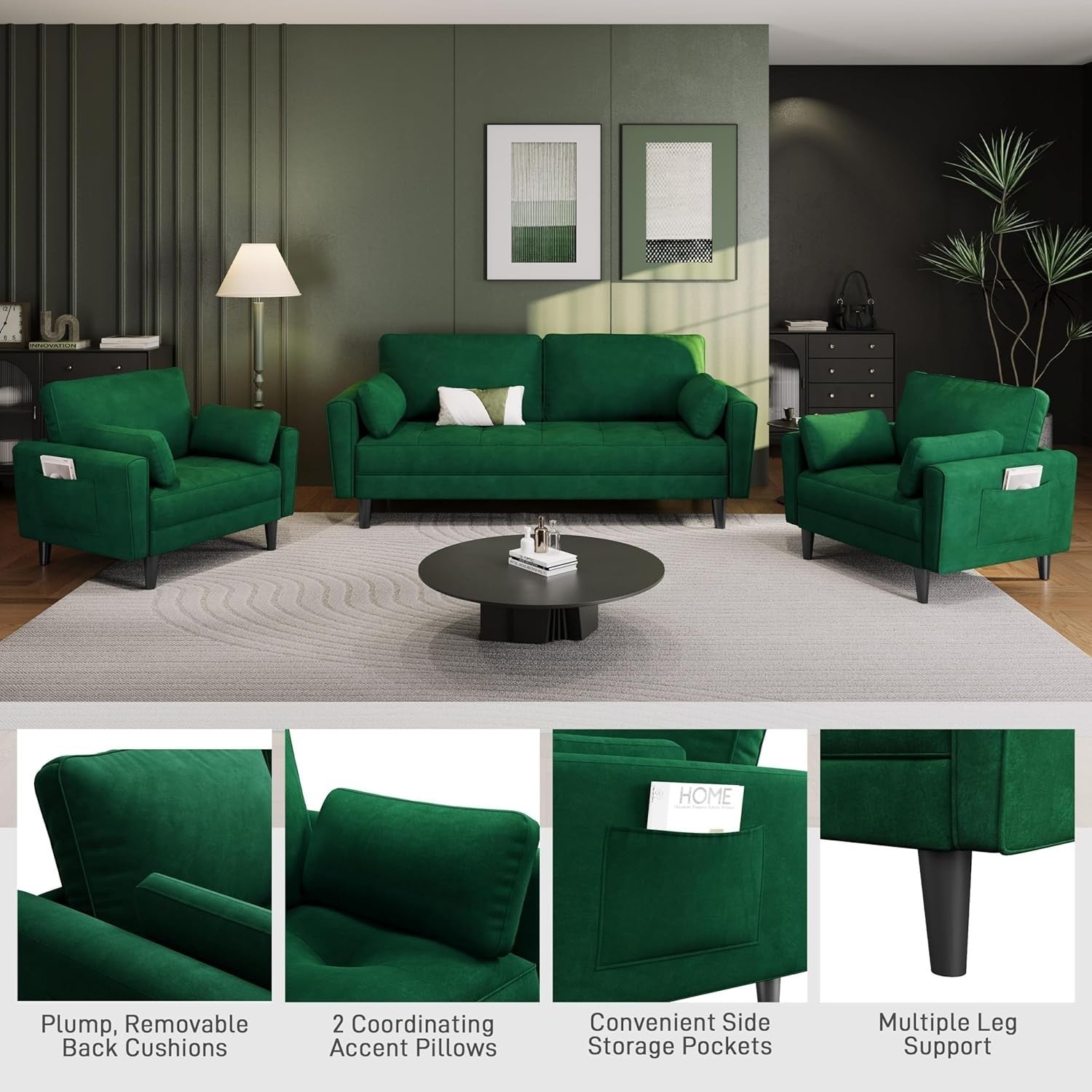 Green Velvet Tub Chair Oversized Accent Armchair with Pillows & Storage