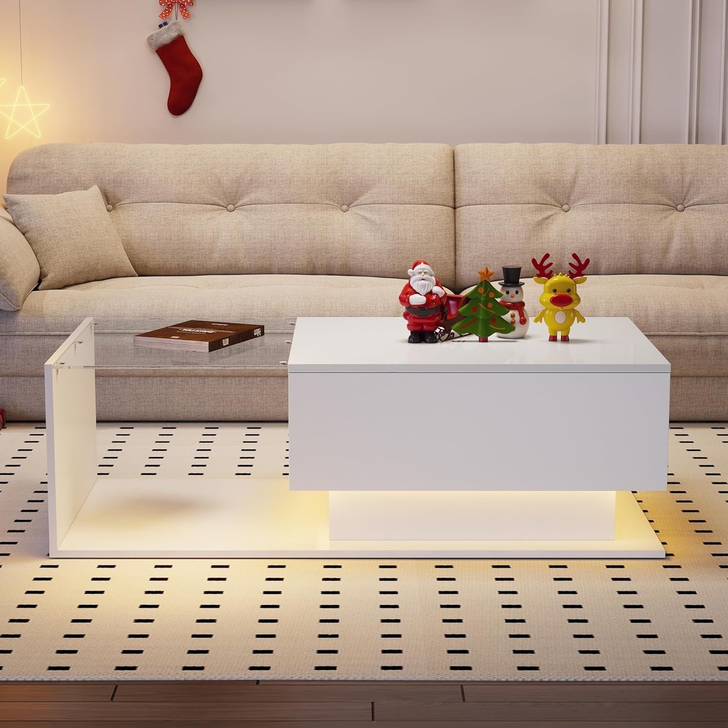 LED High Gloss Coffee Table with Drawer & Storage, Modern Glass Center Table