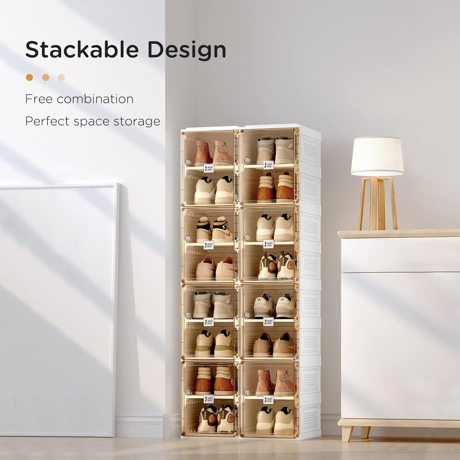 Stackable Shoe Storage Cabinet 2x4 Layer Magnetic Door Foldable Brown