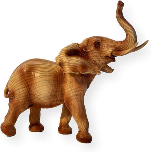 Wood Effect Elephant Ornament | Resin Wildlife Decor | Raised Trunk Figurine