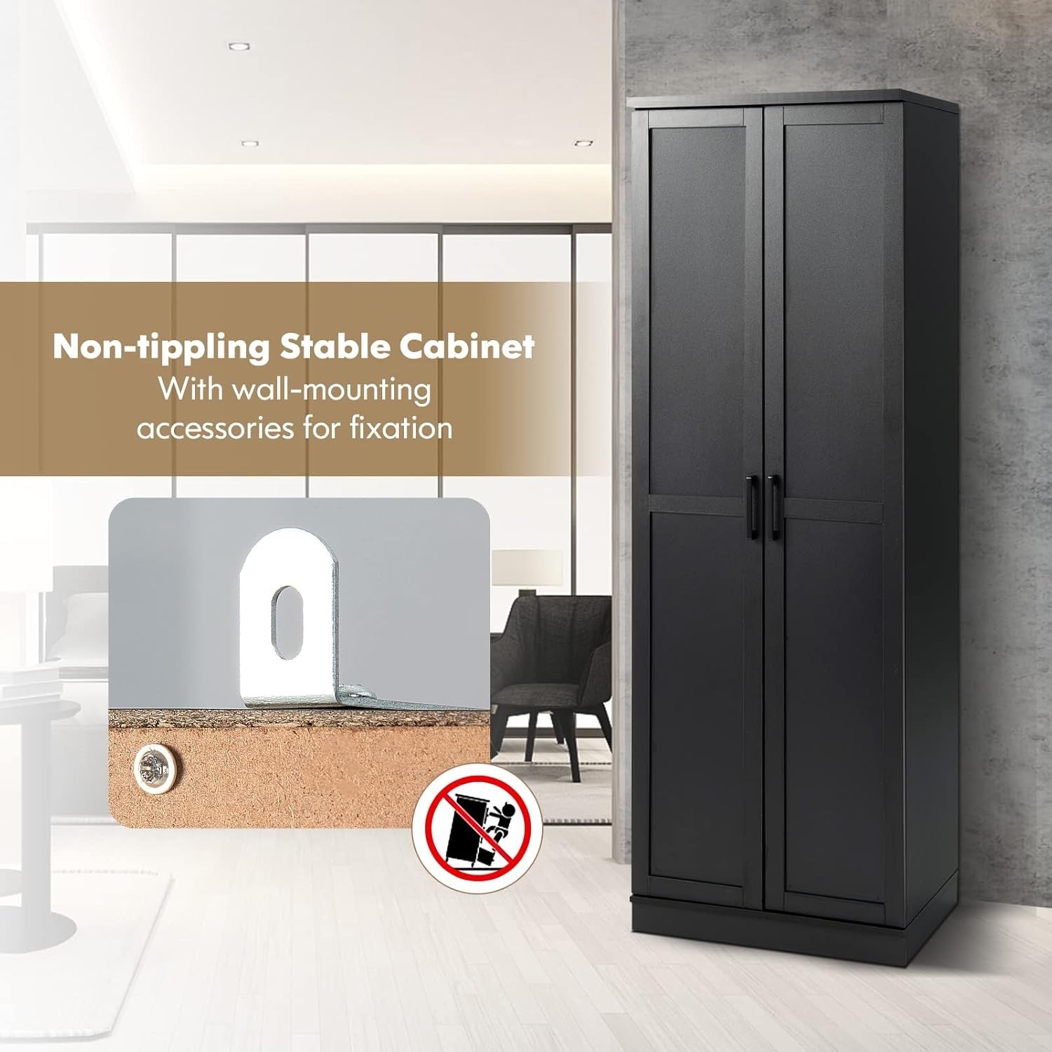 Tall Black Storage Cabinet 2 Door Cupboard Adjustable Shelves Home Unit