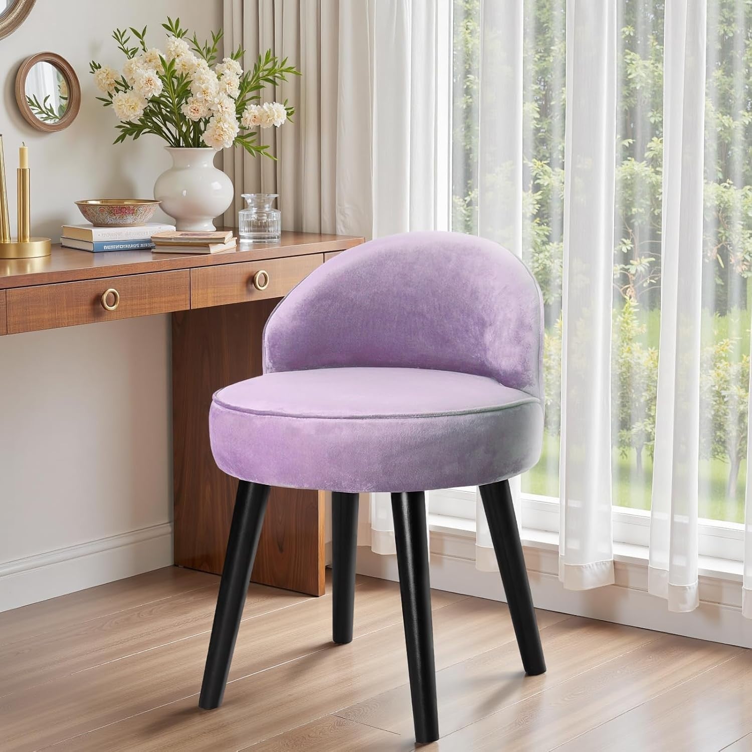 Purple Velvet Low-Back Vanity Stool with Wood Legs – Makeup Chair 49×49×68cm