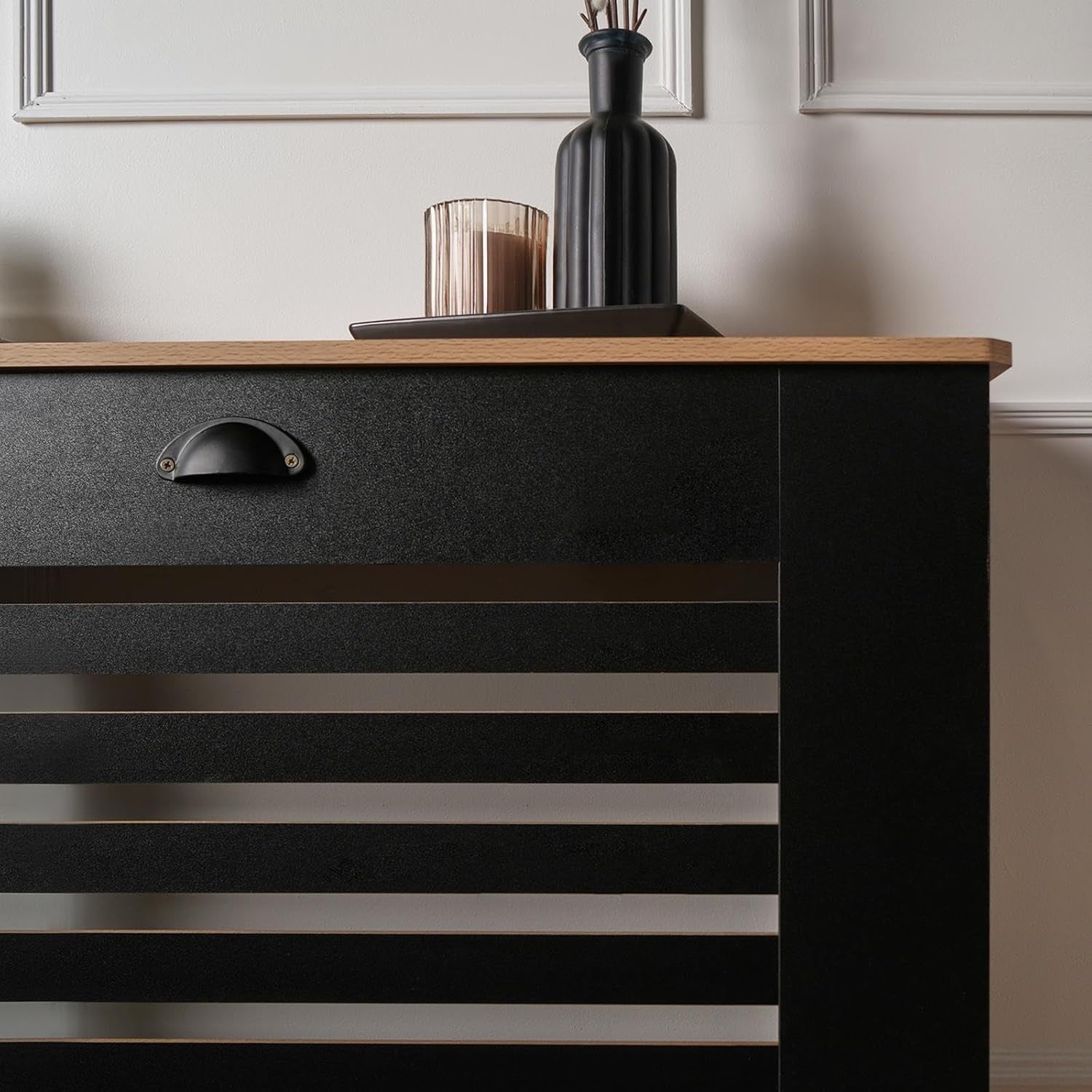 Modern Black Radiator Cover Shelf | Natural Oak Top Heating Cabinet