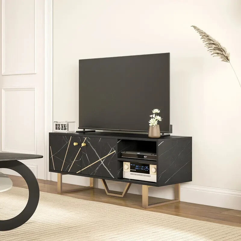 Modern Black Marble TV Unit Cabinet Stand for 50" Screen with Storage