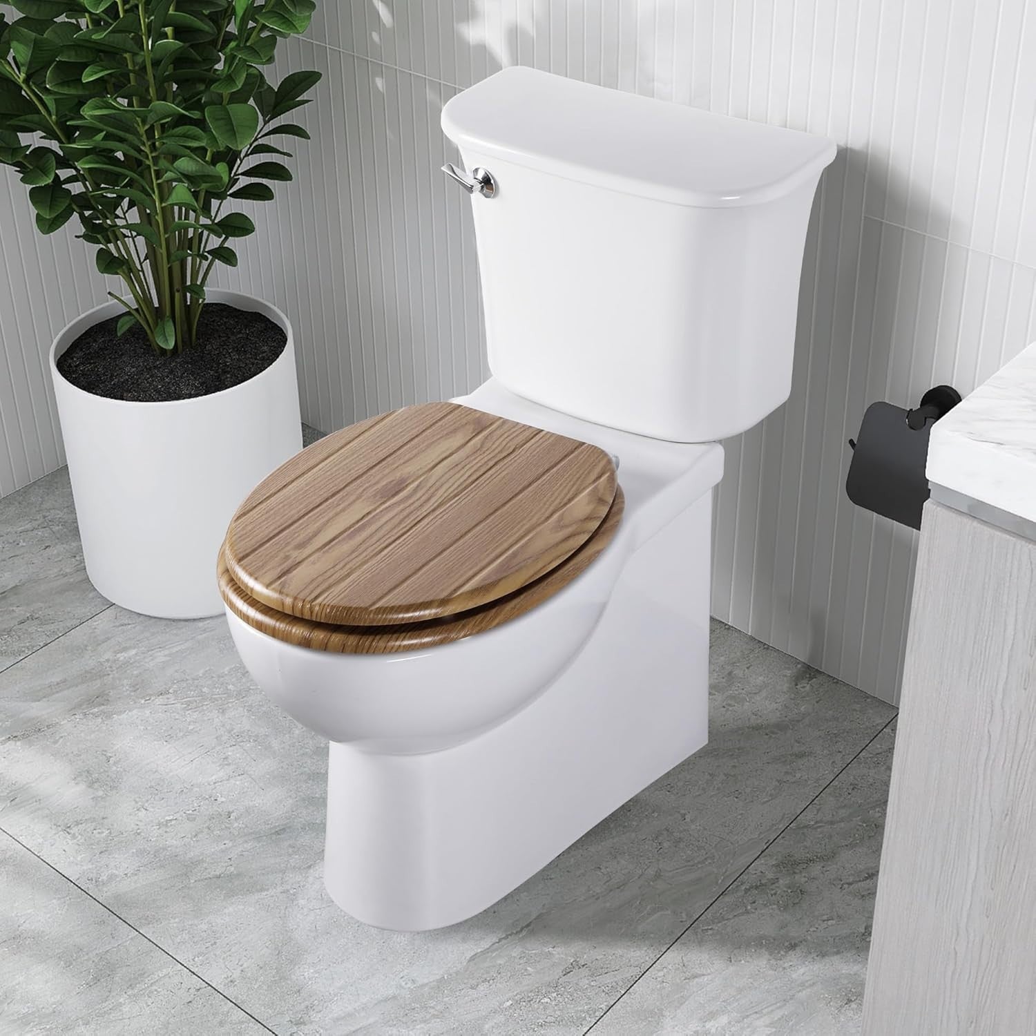 Striped Oak Wooden Toilet Seat | MDF Oval Design Adjustable Hinges 107–203mm