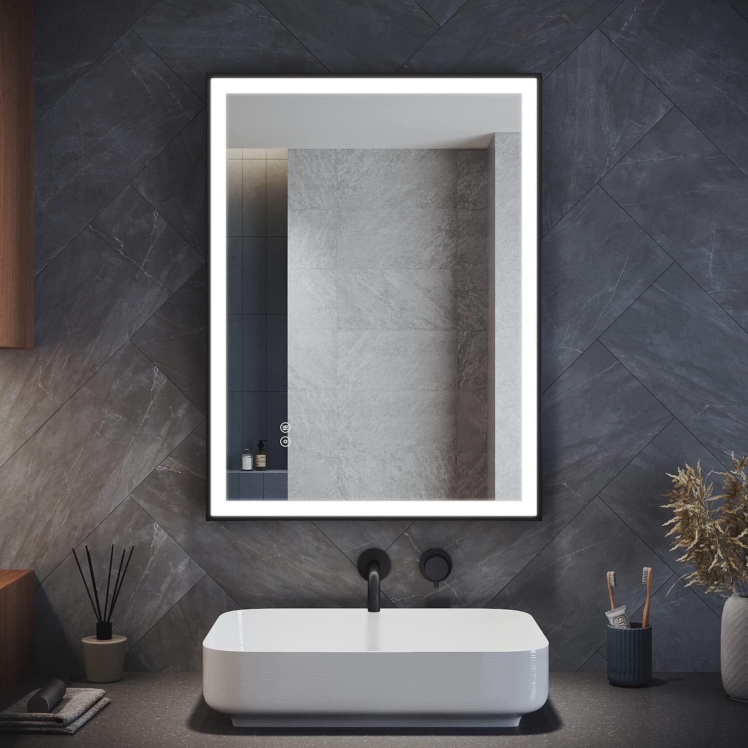 LED Bathroom Mirror 80x60cm Anti-Fog Wall Mounted Black Frame Light Touch