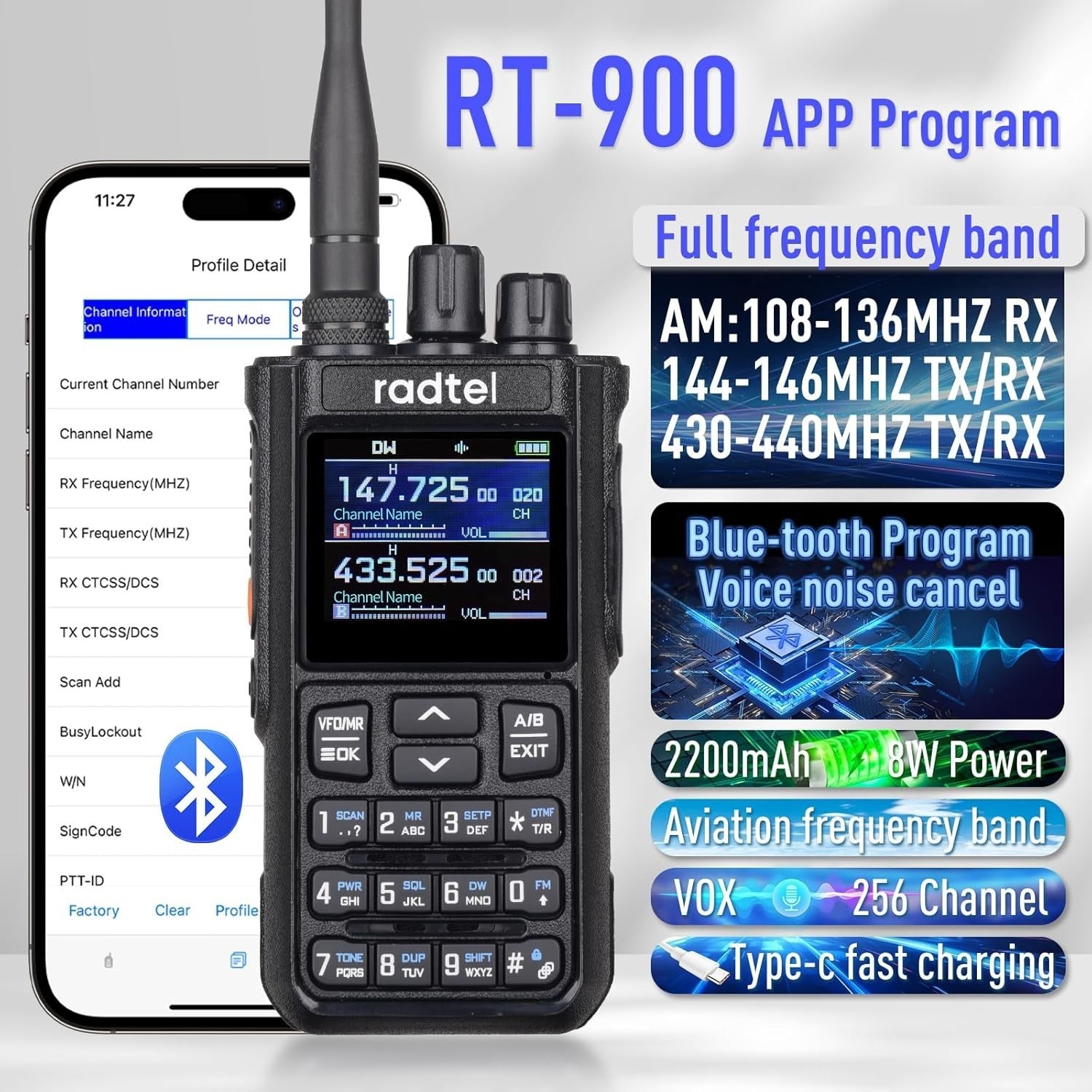 8W Multi Band Ham Radio 256CH Noise Reduction App Programmed