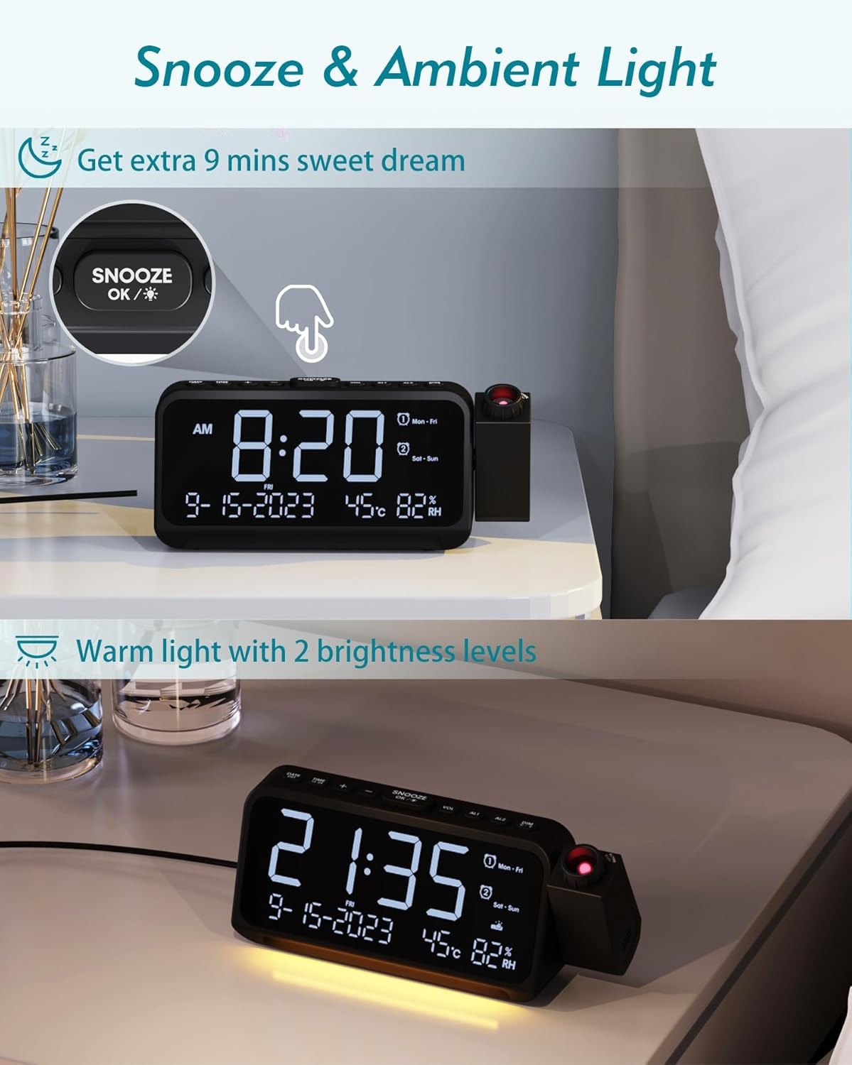 Projection Alarm Clock Ceiling Large Display Dual Alarm Temp Humidity