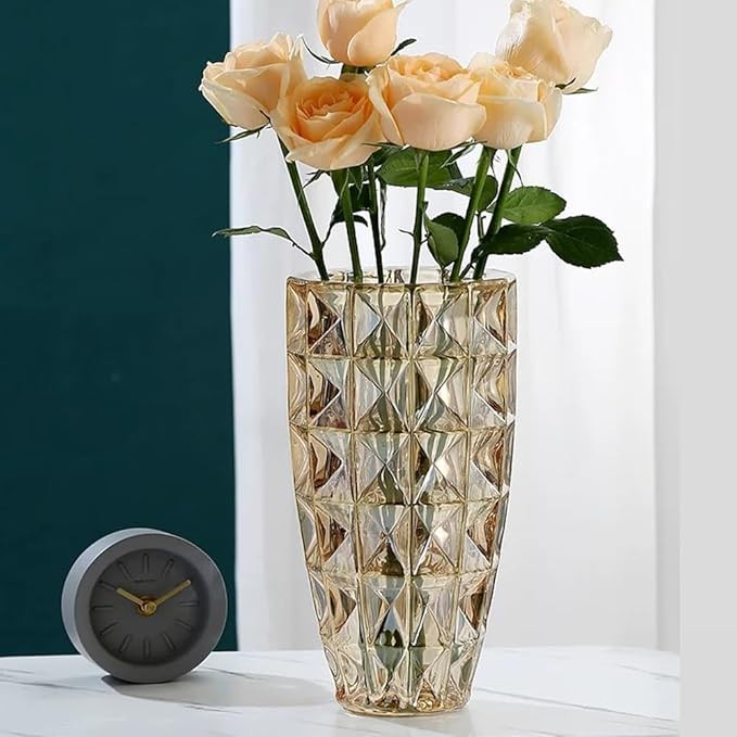 Diamond Cut Glass Vase Tall Amber Crystal Style Flower Vase Luxury Decor