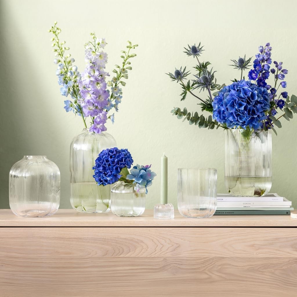 Large Clear Glass Flower Vase 22.5cm Ribbed Modern Table Home Decor