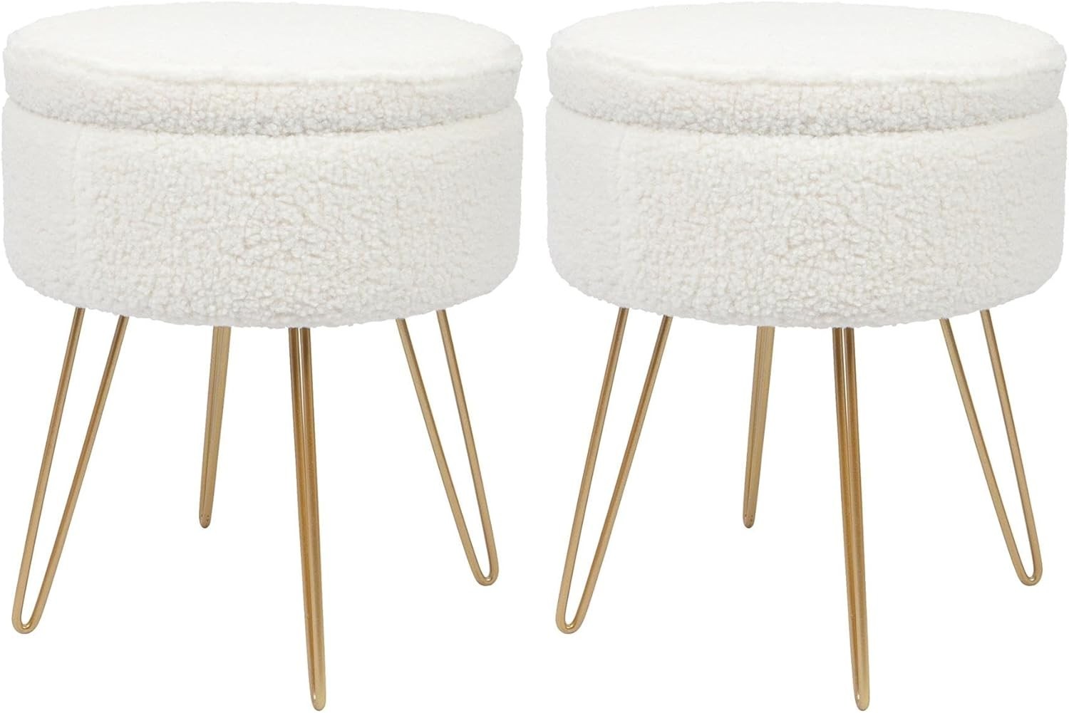 Set of 2 Cream Bouclé Storage Footstools Gold Legs Modern Round Pouffes