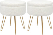 Set of 2 Cream Bouclé Storage Footstools Gold Legs Modern Round Pouffes