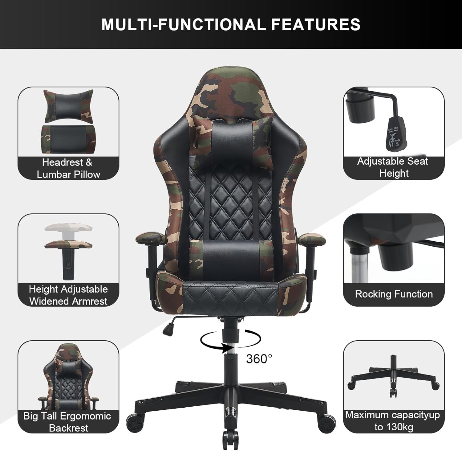 Ergonomic Gaming Chair 360° Swivel Recliner w/ Lumbar Headrest