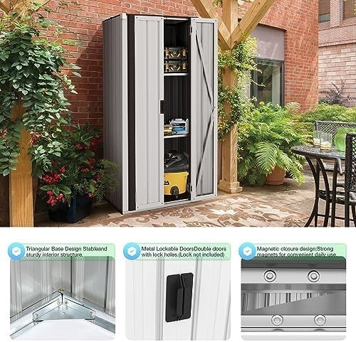 White Outdoor Metal Garden Storage Cabinet with 3 Adjustable Lockable Shelves